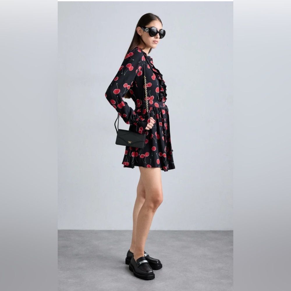 The Kooples red Cherry Print Black Mini Dress with ruffles Dark Romance NWT - Picture 3 of 13